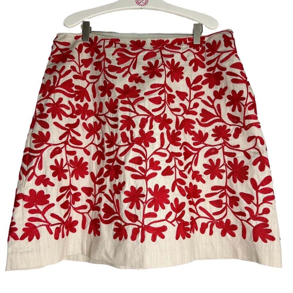 Boden Embroidered Crewel Boho Floral Red + Tan A Line Skirt 12R Side Pockets